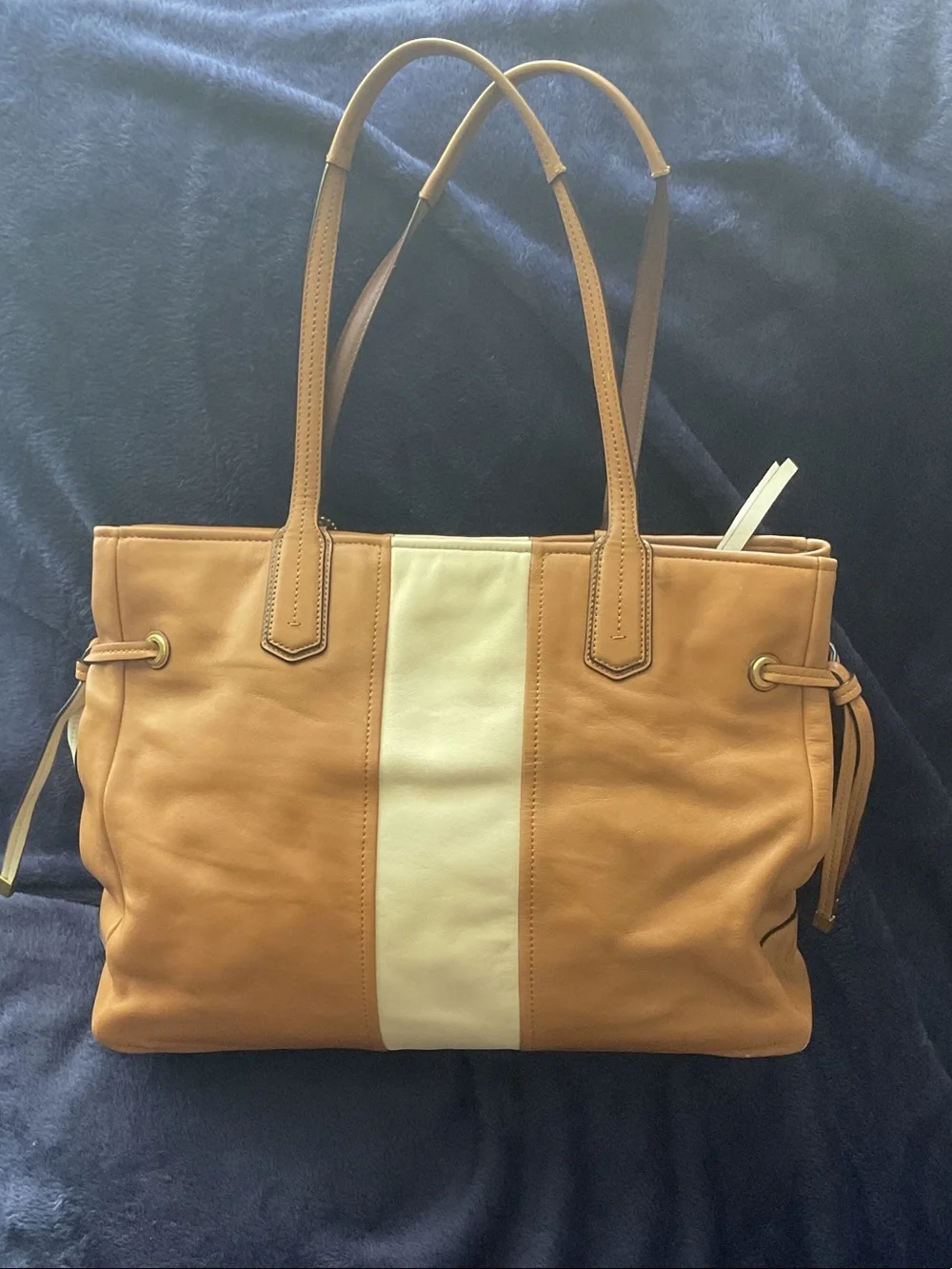 Coach Tan Leather Tote with Cream Center Stripe